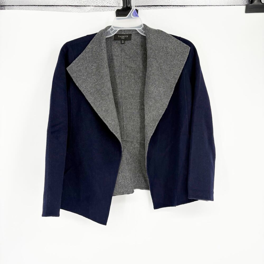 Talbots Navy & Gray 90% Wool Open Cardigan Size MP Cozy Business Casual‎